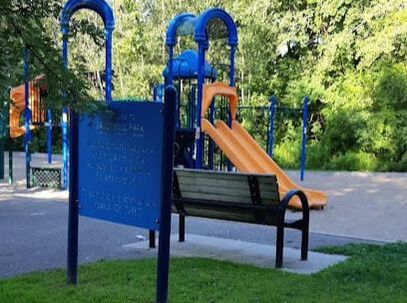 Playground with park bench in Yongehurst, Richmond Hill, Ontario
